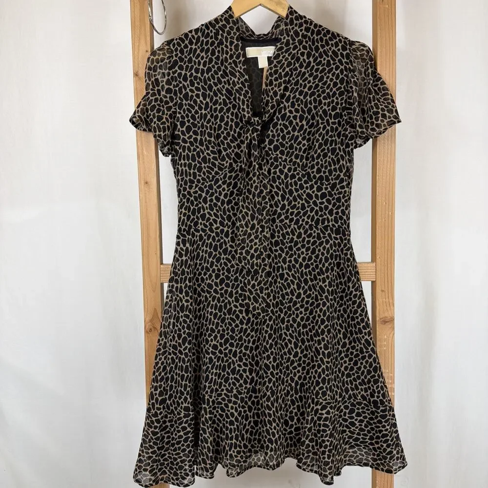 Michael Kors Black Tan Pattern Ruffle Lined Swing Dress #1265 Size SMALL